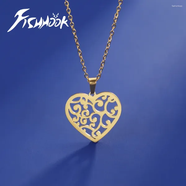 Anhänger Halsketten Fishhook Heart Halskette Filigree Ketten übernatürliche Amulett Geschenk für Frau Mann Gold Farbe Edelstahl Hohlschmuck