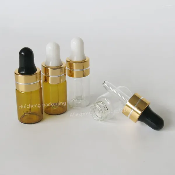 Bottiglie di stoccaggio 500 x mini 3 ml di valori di bottiglie di gocce ambra trasparente con cappuccio in oro con pipetta per olio essenziale di profumo cosmetico