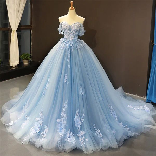 Kleider von Schulterspitzen Applikationen Ballkleid Prom Kleid 2024 Himmel Blau Perlen Schnüren Rücken Korsett Quinceanera Partykleider formelle Vestidos