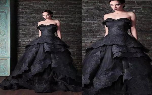 Gothic Style Black Sexy Prom Kleider Vintage Spitze Applikat Schatz abgestuft