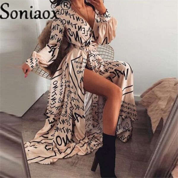 Vestidos casuais 2024 mulheres boho letra impressão vintage de manga comprida coxa de gola de pescoço V para festas maxi ladras de festas noturnas praia