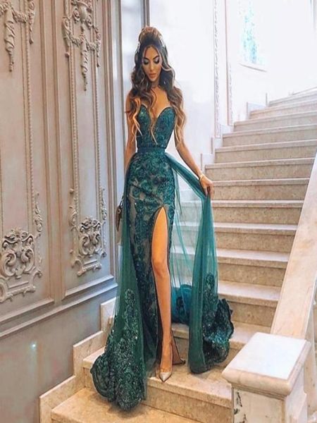 2021 Dark Hunter Green Charming Mermaid Evening Kleider Tragen Sie Schatzseite Split Prom -Kleider Überrücke mit abnehmbarem Zug Lac8962159