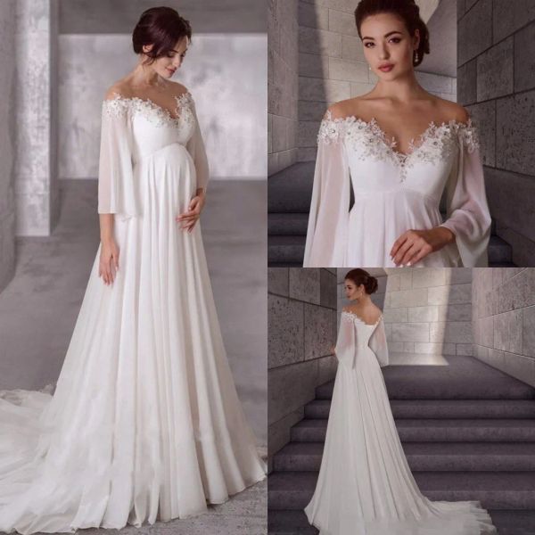 Kleider Mutterschaft Chiffon Hochzeitskleid 2023 Langarmes Bohemian Schwangere Brautkleider Elegant Simple Robe de Mariage