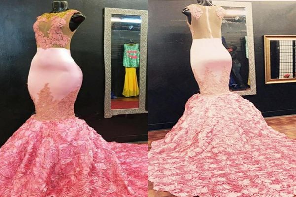 Pink Mermaid Prom Kleider Juwel Neck ärmellose Illusion Applikationen Rose Blumen Satin Plus Größe Abendkleider Party Kleider8037613