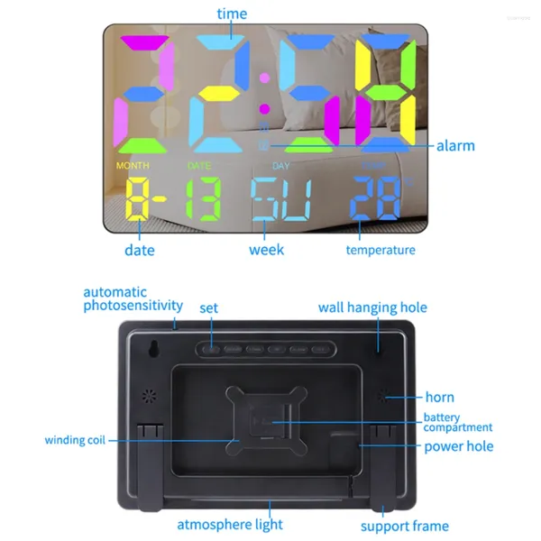 Relógios de parede Relógio de projeção de LED multifuncional com RGB Colorido Gradient Mirror Exibir temperatura e alarmes duplos