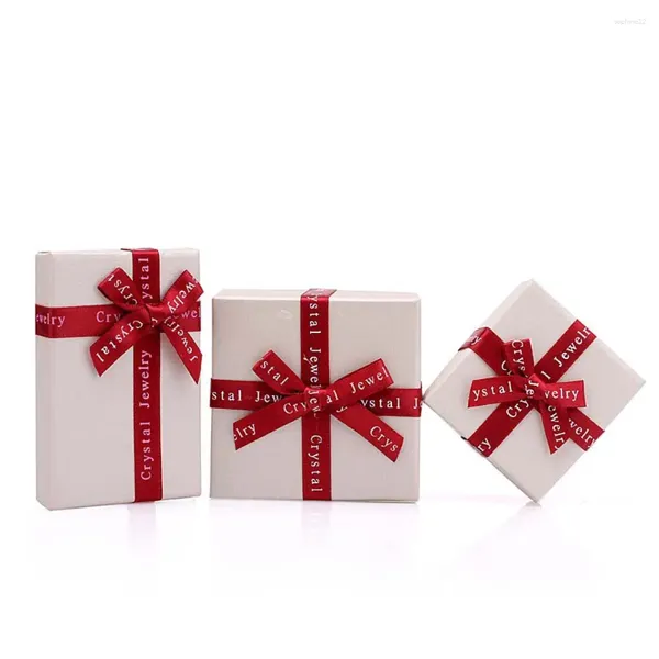 Geschenkverpackung Luxus Display Bowknot Red Ribbon Rings Hülle Beige Color Paper Box Schmuckschachteln Packung