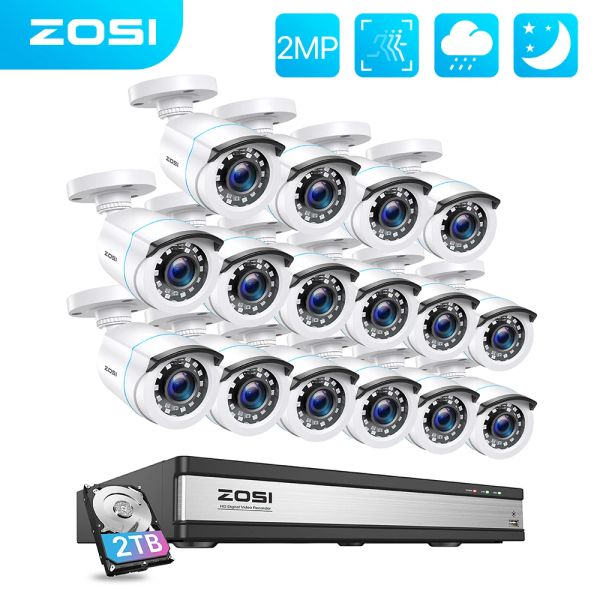 Sistema ZOSI 16CH Câmera de segurança Sistema H.265+ 1080p 16CH CCTV DVR 2MP Câmera de vigilância de videoclipe de vídeo em casa externa em casa