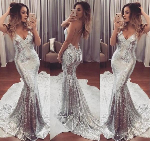 Erstaunliche silberne Sparkling Prom Kleid sexy Deep Vneck Open Rückenless Sweep Zug formelle Partykleider 2017 Neue Modeabendkleider1406679
