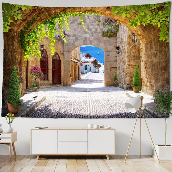 Wandteppiche europäischer Stil 3D Arch Small Town Street View Wandteppich Wand Hanging Mandala Home Art Dekorative Hippie Yoga Decke