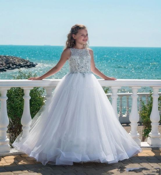 Kleider Halfter Ballkleid Pailletten Tüll süße schöne bodenlange Brautkleider Blumenmädchen Kleider Festzug Kleid