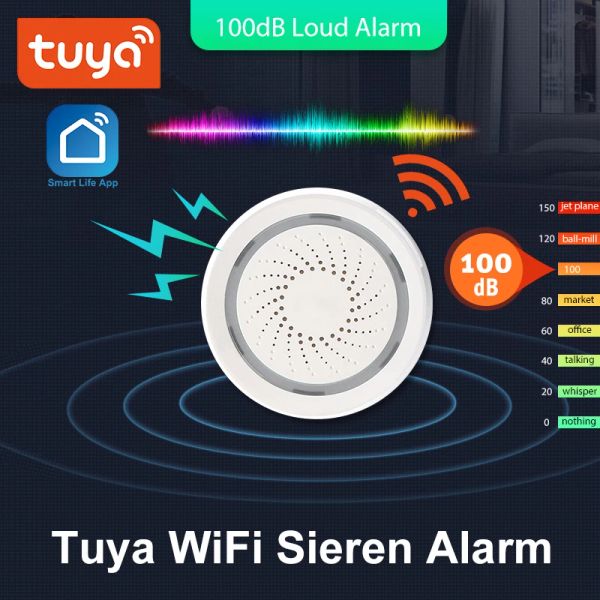 Сирена 100 дБ звуковой беспроводной Wi -Fi Tuya Siren Siren Synsor Smart Life Systems Home Security Alexa Google ifttt