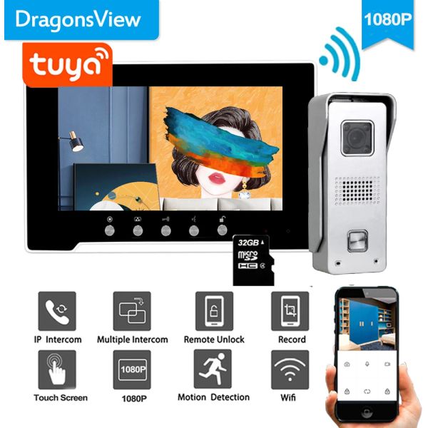 Campainha dragonsview 1080p 7 polegadas WiFi Smart Video Intercom System Wireless Video Phone Phone Wired Camera