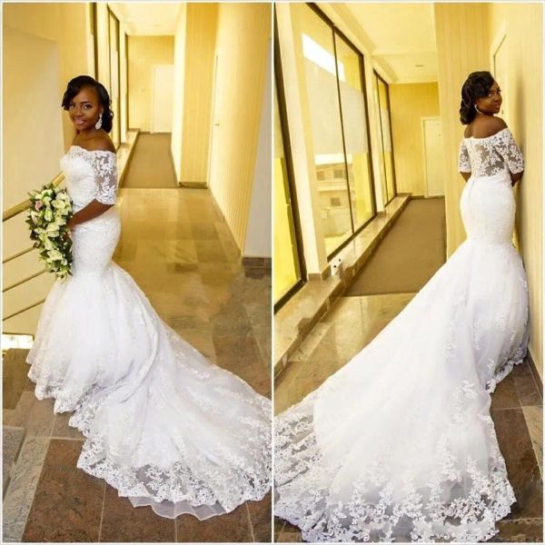 Платья 2020 Африканские дешевые русалочные свадебные платья с плеча с половиной рукава кружев