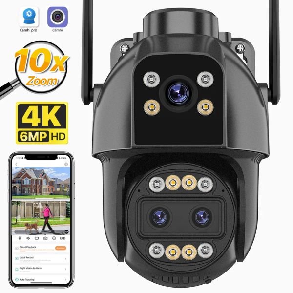 Câmera sem fio de câmeras wifi 4k 10x Zoom Home Security Outdoor Speed Dome PTZ Câmera IP 2K Três lentes Tela Dual Camhi Pro