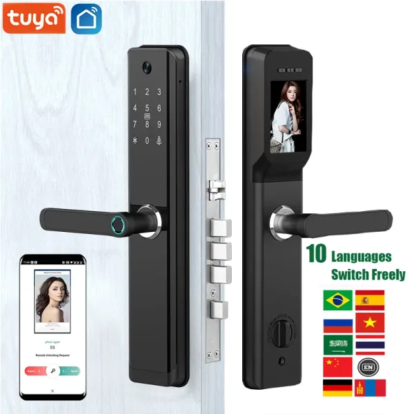 Lock Wi -Fi Tuya Smart Lock com Handle English/Russian/Espanhol/Português Senha de Impressão Digital Lock Eletrônico de porta inteligente com câmera
