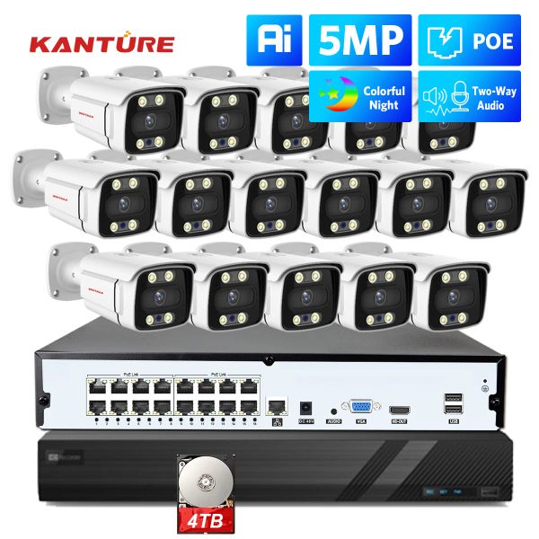 System Kanture 16CH 5MP Security Camera System AI Двухсторонний аудиоподобный Audio Waterprovere Poe IP камера Цвет камеры.