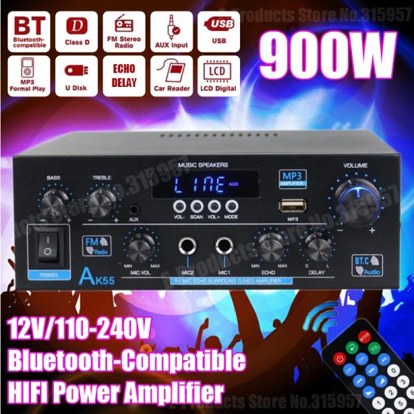 Verstärker AK35/AK45/AK55 900W Home Power Amplifier 2 Kanal Bluetooth Soundverstärker FM USB Fernbedienung Mini HiFi Digitalverstärker