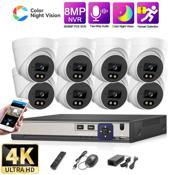 Sistema 8MP 4K Sistema CCTV Poe NVR Kit Color Night Vision Vídeo Vídeo Vídeo de Vídeo Externa de Viúscula IP Proteção de Segurança Conjunto de Câmera Dome