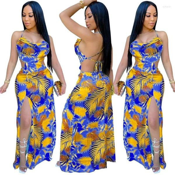 Ethnische Kleidung Rückenfreie sexy Dashiki afrikanische Kleider für weibliche böhmische Stil 2024 Mode High Split Maxi Kleiderinnen Frauen Kleidung