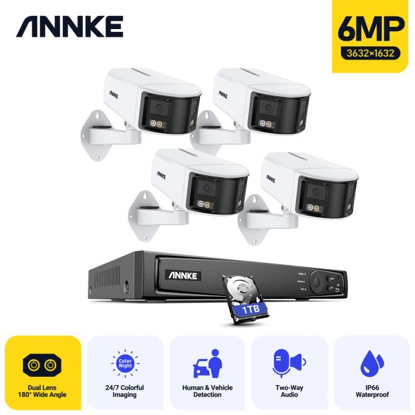 System Annke 6MP Network Video Security Camera Security с 2PCS 4PCS 6MP 180 ° Dual Lens POE IP -камеры с двусторонней аудио -набор Audio POE