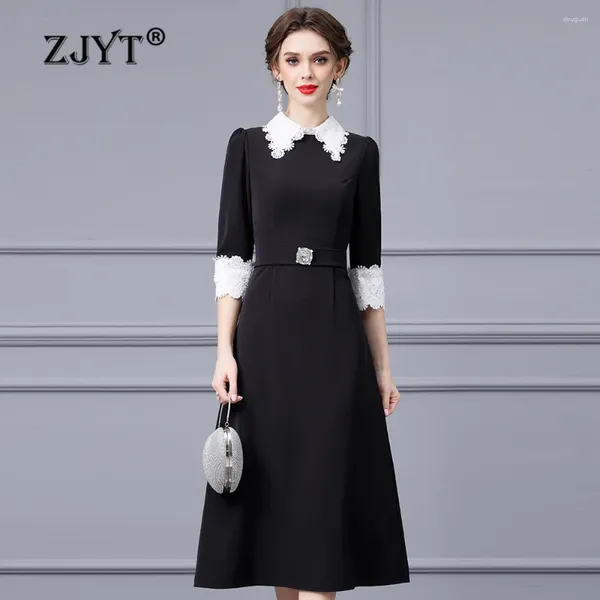 Abiti casual Zjyt ricami da donna in pizzo patchwork nero abito midi nero primavera elegante a tre quarti di manica 2024 Fashion Vestidos