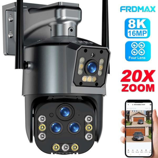 Câmera de câmeras IP de WiFi IP de 16mp 8k 8x zoom de zoom externo sem fio 4k Four Lens Ptz Cam Smart Home CCTV Câmeras de vigilância WiFi