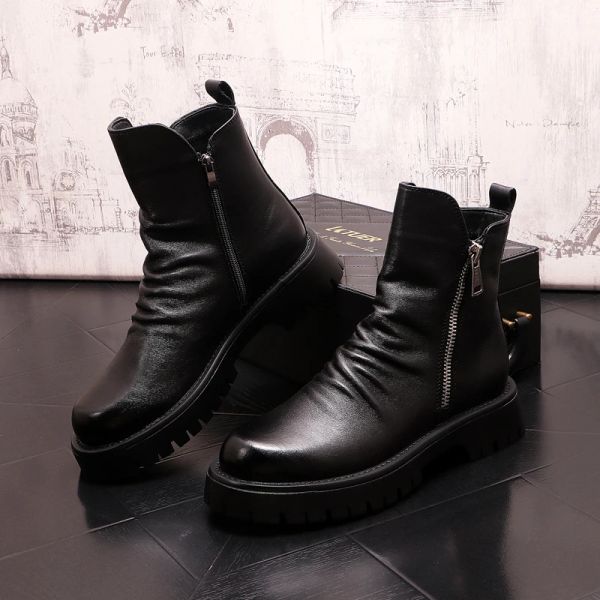 Botas de estilo coreano masculino de moda genuína botas de couro preto sapatos de plataforma