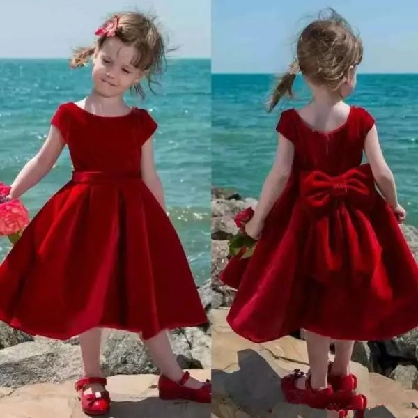 Kleider schöne rote Samt Blume Mädchen Kleid Tee Länge Baby Mädchen Festzug Kleider Kleinkind Kids Party Kleid kurze Kommunionkleider mit Big B