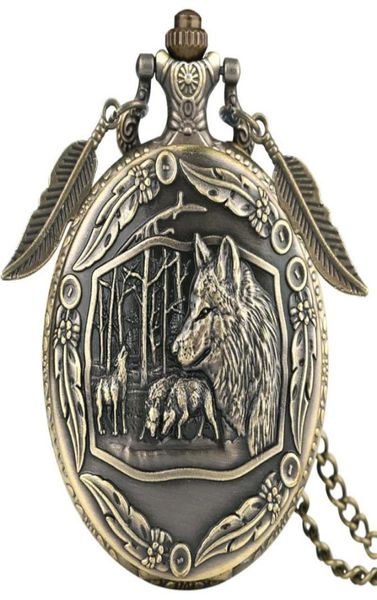 Relógios de bolso Bronze Wolf Antique Quartz Relógio de charme Pingente de folhas Relógio de acessório com Chain6496485