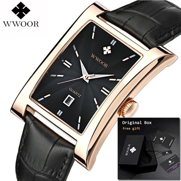 Armbanduhr Wwoor 2024 Herren Handgelenk Uhren Top Männer Gold Square Echtes Leder Quarz Männliches Relogio Maskulino