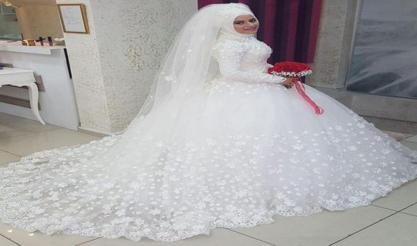 Eleganti abiti da sposa musulmani con maniche lunghe abito da ballo 3d fiori da sposa a collo alto abito da sposa in pizzo 73332998