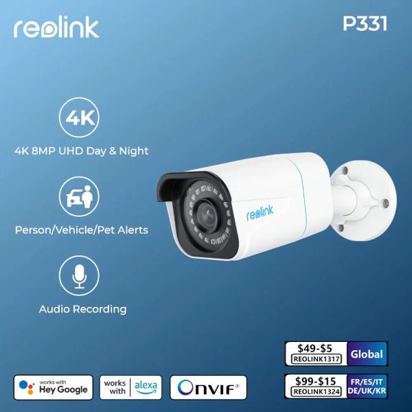 Câmeras Reolink 4K Poe IP Câmera IP 8MP Câmeras de vigilância de detecção Smart Pessoa/Detecção de Veículos de Visão de Visão Noturna de Visão Noturna P331