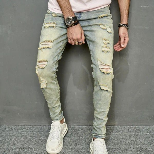 Jeans masculinos Spring Men Vintage Ripped Skinny Lápis Hip Hop Hole elegantes masculino High Street Slim Casual Denim Troushers