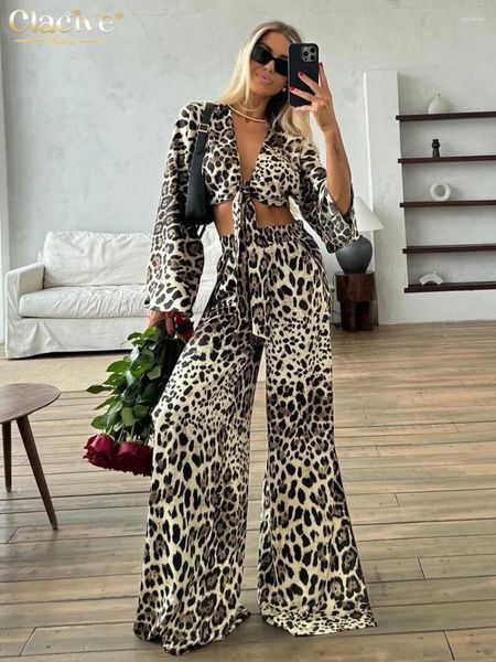 Damen zweisteuelhafte Hosen klassischer sexy losen Leopardenmuster 2 Sets Frauen Outfit elegante Langarmschnüre-up-Ernte-Top mit hoher Taillenschlitz-Set