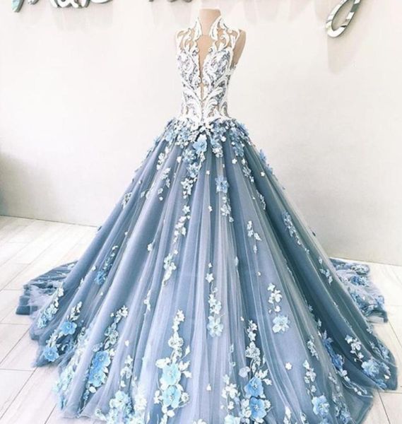 Glamouröse handgefertigte Blumen Abendkleid sexy hohe Nackenperlen Spitze Applikat Tulle Ballkleider Prom Kleid elegant Dubai Langer Abend 7874802