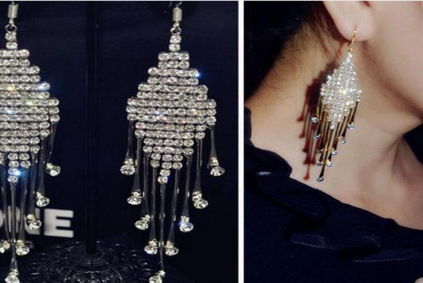 Brincos de gota de cristal de cistão de ouro de ouro prateado 10 cm de jóias de jóias de garotas brilhantes Brincos de lustre de lustre de lustre