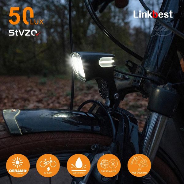 Link 50 Lux Electric Bicycle Light C7 Передний велосипедный фонарь Водонепроницаемый для Hub Dynamo Mountain Cycling Accessories240325