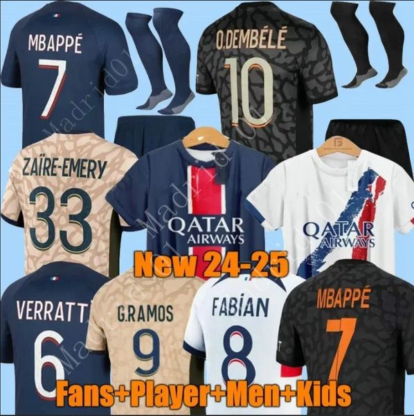 24 25 Hakimi Sergio Ramos Jerseys Verratti Danilo Sanches mbappes Maillots Men Kit Kit Desenta uniforme Enfants PSGS Jerseys de futebol