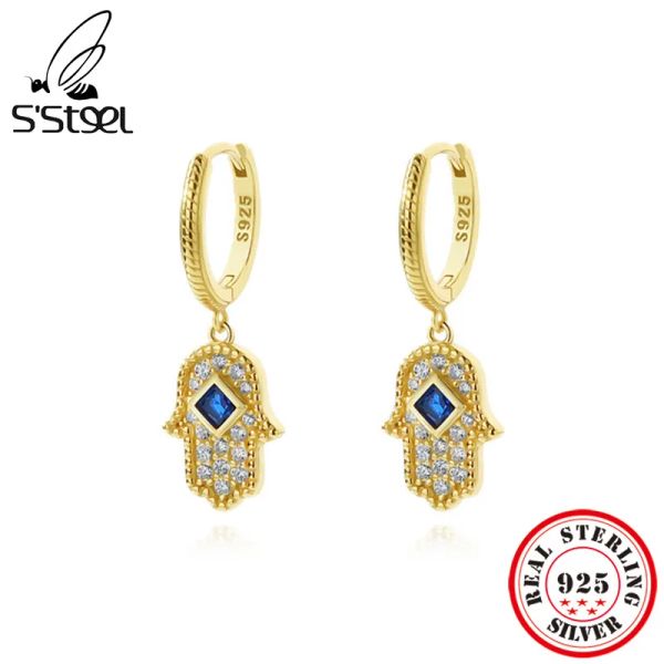 Brincos S'Steel 925 Sterling Silver Hamsa Hand Brios de zircão para mulheres 2022 Trending Vintage Gold Designer Eares