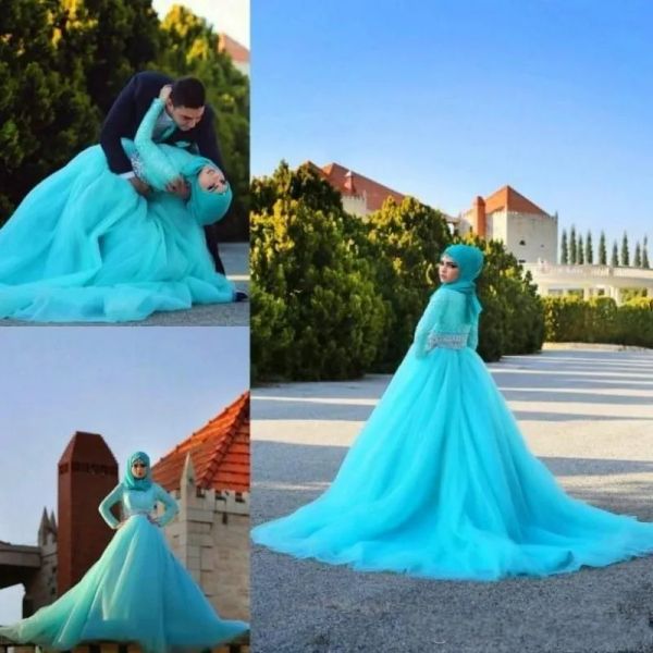 Abiti 2017 Abiti da sposa Hijab Abiti da sposa in pizzo blu arabo in pizzo da sposa a una manica a maniche lunghe abiti da sposa musulmani Custo