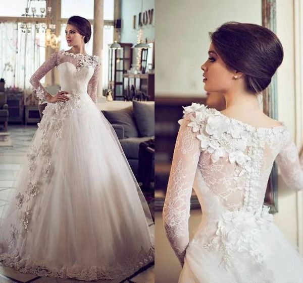 Kleider Designer Arabisch Dubai Spitze Brautkleider Muslim Langarm einer Linie Hochzeitskleid Batteau Blumen Verschönerung beschriebene Braut Dres