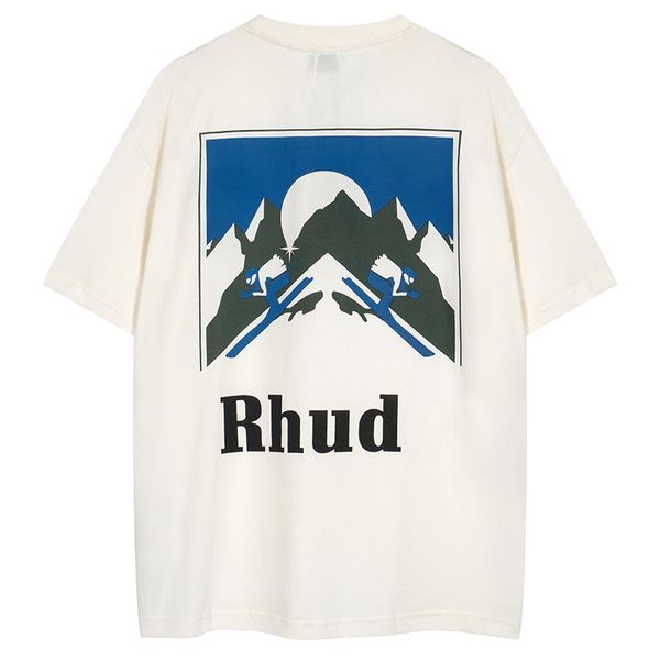 24SS Summer USA Snow Mountain Skiing Sunset Print Tee Mens Mens с коротким рукавом для скейтборда футболка женская одежда. Повседневная хлопковая дизайнер Т -рубашки 0312