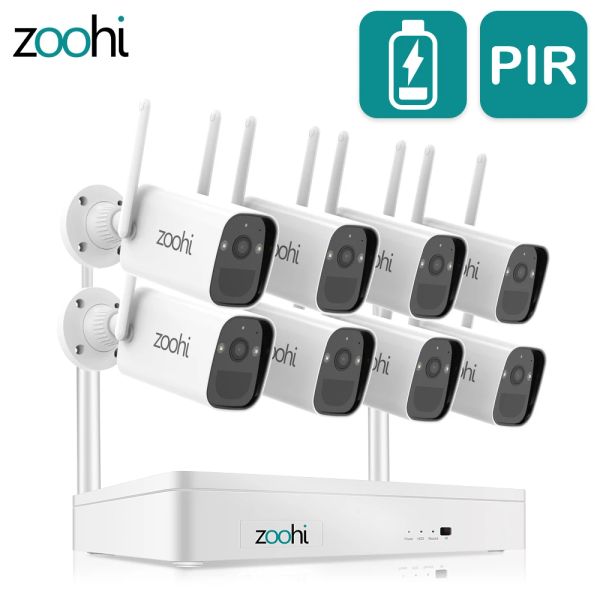 Sistema Zoohi 3MP Sistema de vigilância de segurança Sistema de câmera sem fio Câmera de bateria Wi -Fi CCTV NVR Kit Pir