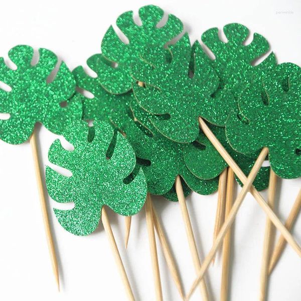 Abastecimento de festa 10/12pcs Toppers de bolo de folha verde folhas de palmeira cupcake para a decoração de aniversário temática da selva selvagem um safari