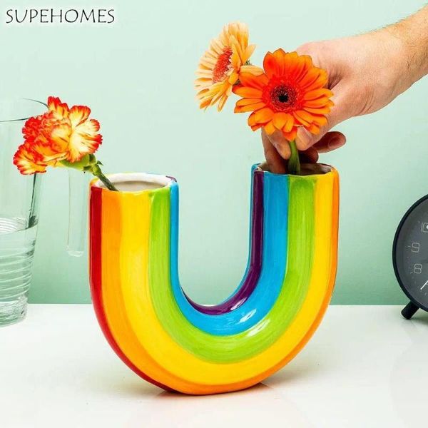 Vasos resina arco -íris vaso vaso de flor plantador de arco espessado colorido u forma decoração de escritório