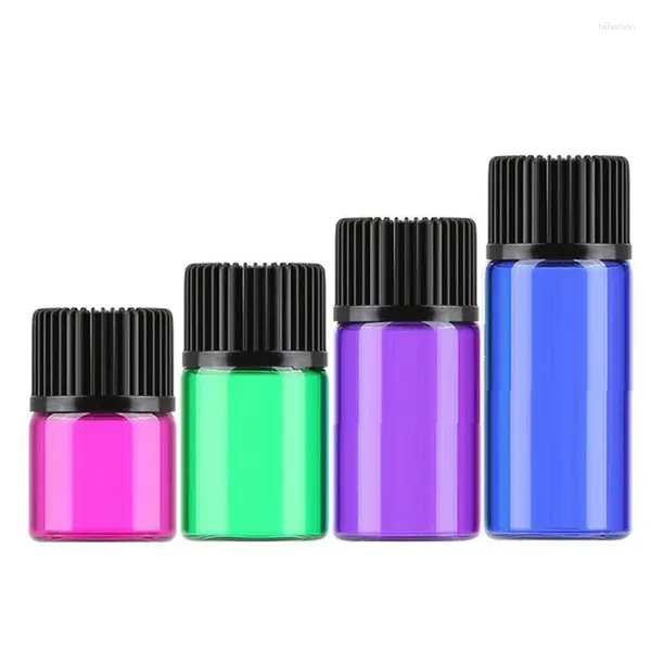 Speicherflaschen 50pcs 1ml 2ml 3ml 5ml Mini Parfüm Flüssigkeit farbenfrohe Glasflasche mit Öffnungsreduzierer und Kappe kleine ätherische Ölfläschchen