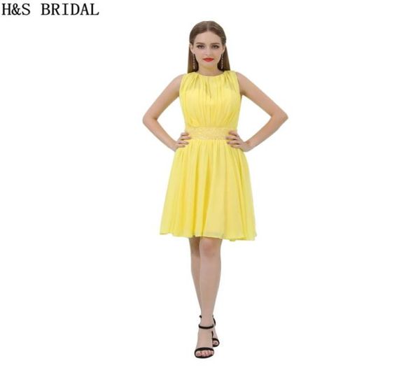 Vestidos de volta ao lar de chiffon curtos vestidos de cocktail de pescoço amarelo de miços