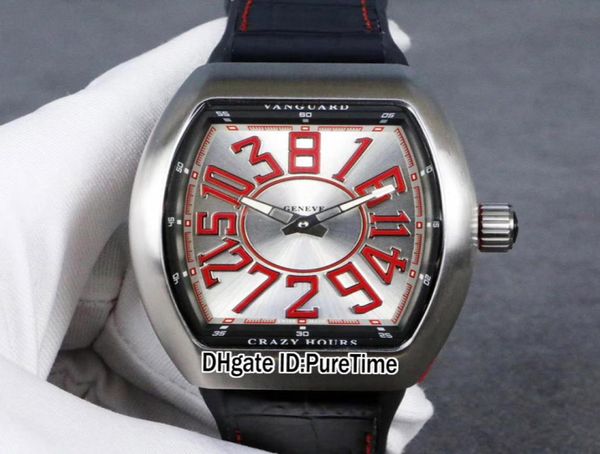 New Crazy Hours 8880 Mens Automático Assista a aço Caso de aço Black Dial prateado Red Big Color Number Markers Red Rubber Leather Puret8180786