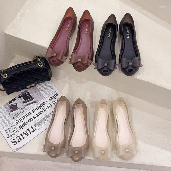 Sapatos casuais Peep Toe Toe Bowknot Jelly Woman Heel Plástico Summer Plástico Flats Anti-Slip Transparente Supotos de PVC Mulheres à prova d'água