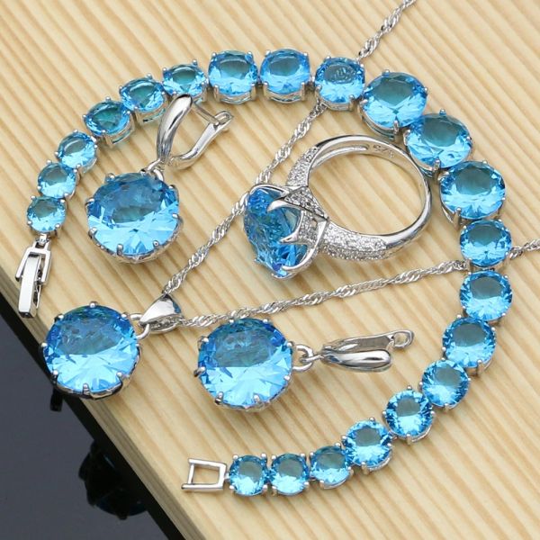 Braccialetti set di gioielli in cristallo blu per donne orecchini di gioielli in costume Sier Orecchini/Penderant/Anelli/Bracciale/collana Dropshipping